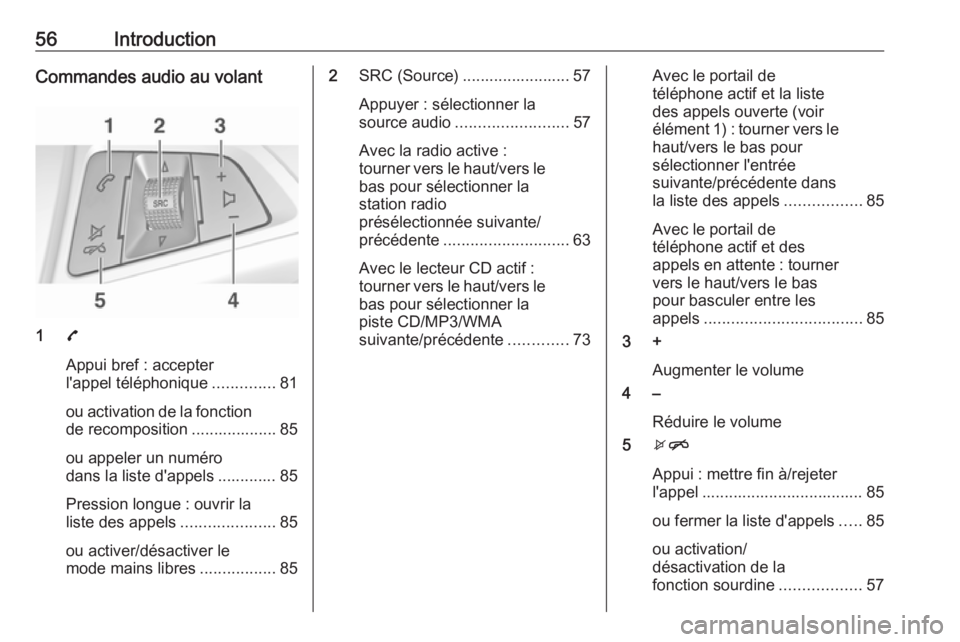 OPEL CORSA 2016.5 Manuel multimédia (in French) 56IntroductionCommandes audio au volant
17
Appui bref : accepter
l'appel téléphonique ..............81
ou activation de la fonction
de recomposition ................... 85
ou appeler un numéro
OPEL CORSA 2016.5 Manuel multimédia (in French) 56IntroductionCommandes audio au volant
17
Appui bref : accepter
l'appel téléphonique ..............81
ou activation de la fonction
de recomposition ................... 85
ou appeler un numéro