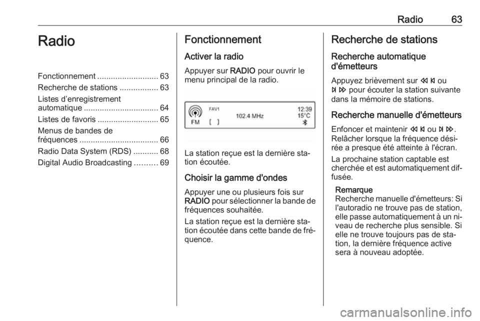 OPEL CORSA 2016.5  Manuel multimédia (in French) Radio63RadioFonctionnement........................... 63
Recherche de stations .................63
Listes d’enregistrement
automatique ................................. 64
Listes de favoris ........