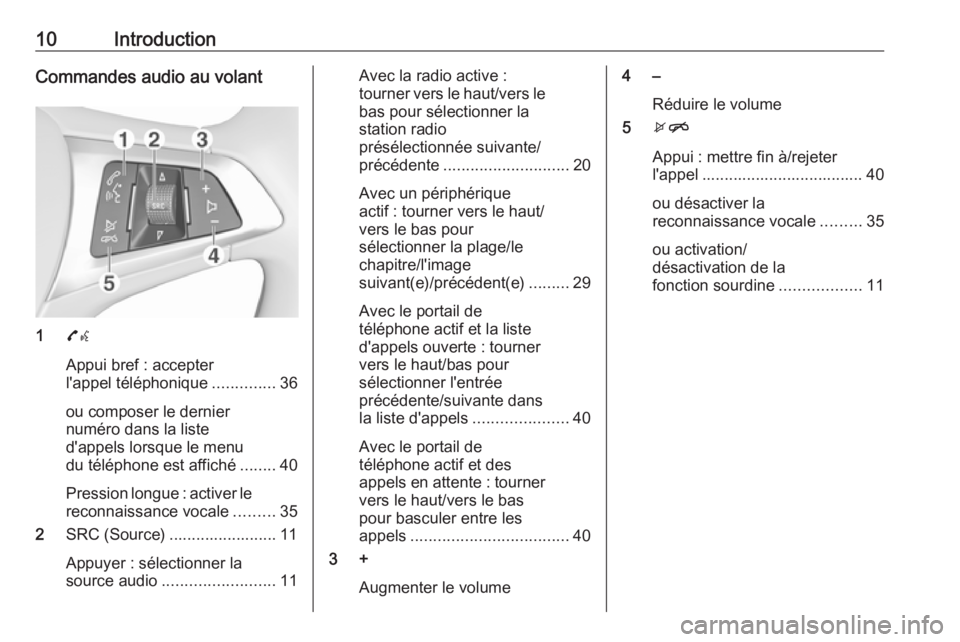 OPEL CORSA 2016.5  Manuel multimédia (in French) 10IntroductionCommandes audio au volant
17w
Appui bref : accepter
l'appel téléphonique ..............36
ou composer le dernier
numéro dans la liste
d'appels lorsque le menu
du téléphone e