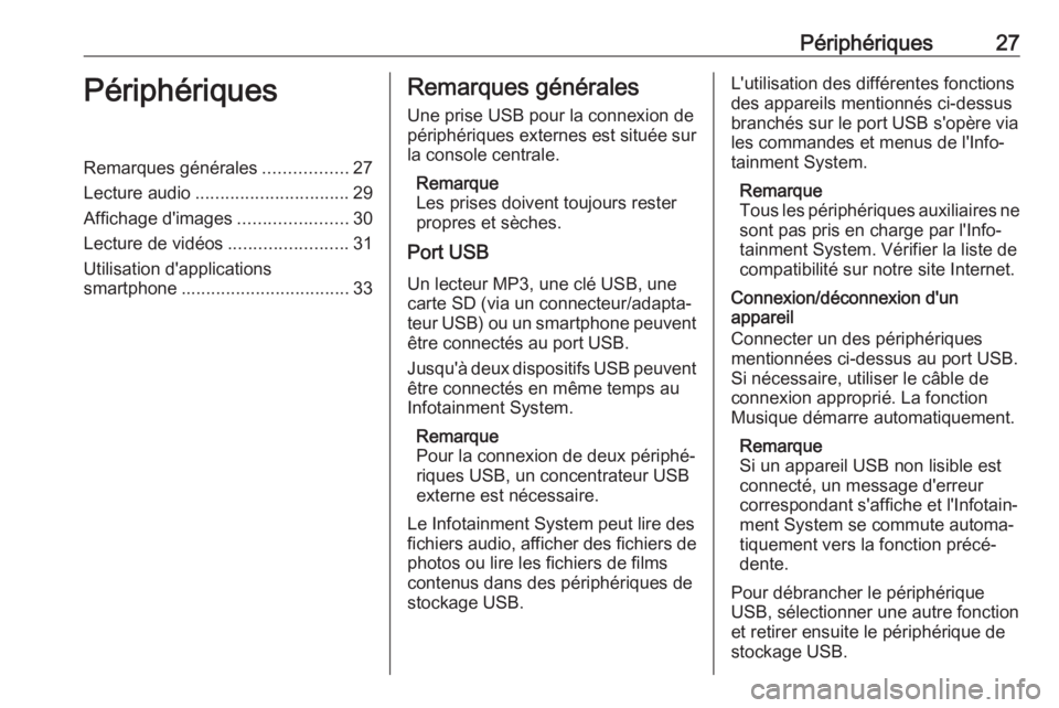 OPEL CORSA 2017 Manuel multimédia (in French) Périphériques27PériphériquesRemarques générales.................27
Lecture audio ............................... 29
Affichage d'images ......................30
Lecture de vidéos ........... OPEL CORSA 2017 Manuel multimédia (in French) Périphériques27PériphériquesRemarques générales.................27
Lecture audio ............................... 29
Affichage d'images ......................30
Lecture de vidéos ...........