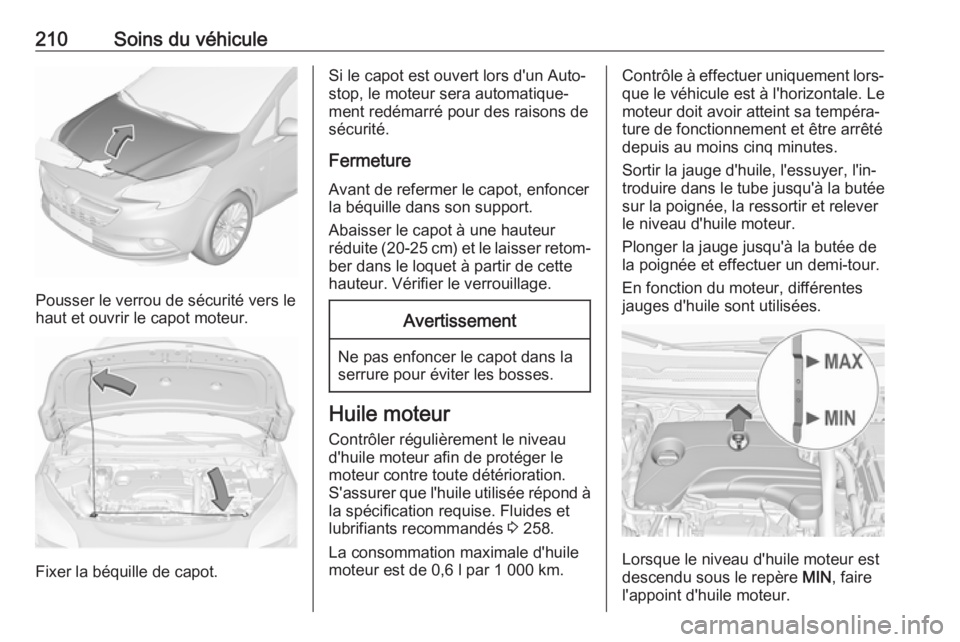 OPEL CORSA 2017 Manuel dutilisation (in French) 210Soins du véhicule
Pousser le verrou de sécurité vers le
haut et ouvrir le capot moteur.
Fixer la béquille de capot.
Si le capot est ouvert lors d'un Auto‐
stop, le moteur sera automatique OPEL CORSA 2017 Manuel dutilisation (in French) 210Soins du véhicule
Pousser le verrou de sécurité vers le
haut et ouvrir le capot moteur.
Fixer la béquille de capot.
Si le capot est ouvert lors d'un Auto‐
stop, le moteur sera automatique
