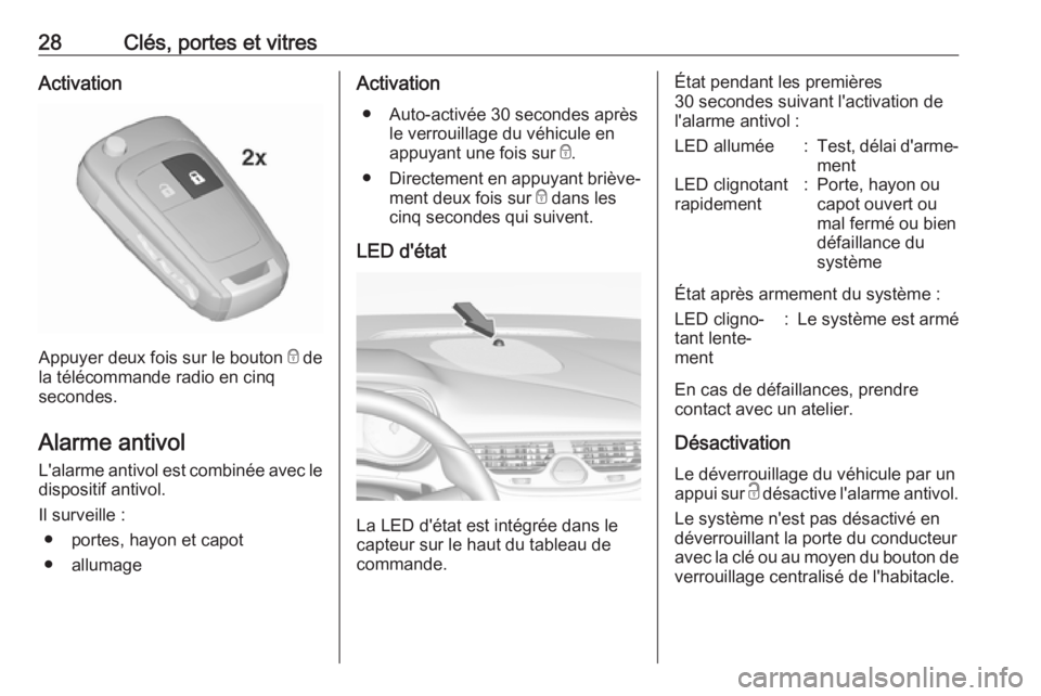 OPEL CORSA 2017 Manuel dutilisation (in French) 28Clés, portes et vitresActivation
Appuyer deux fois sur le bouton e de
la télécommande radio en cinq
secondes.
Alarme antivol L'alarme antivol est combinée avec le
dispositif antivol.
Il surv OPEL CORSA 2017 Manuel dutilisation (in French) 28Clés, portes et vitresActivation
Appuyer deux fois sur le bouton e de
la télécommande radio en cinq
secondes.
Alarme antivol L'alarme antivol est combinée avec le
dispositif antivol.
Il surv
