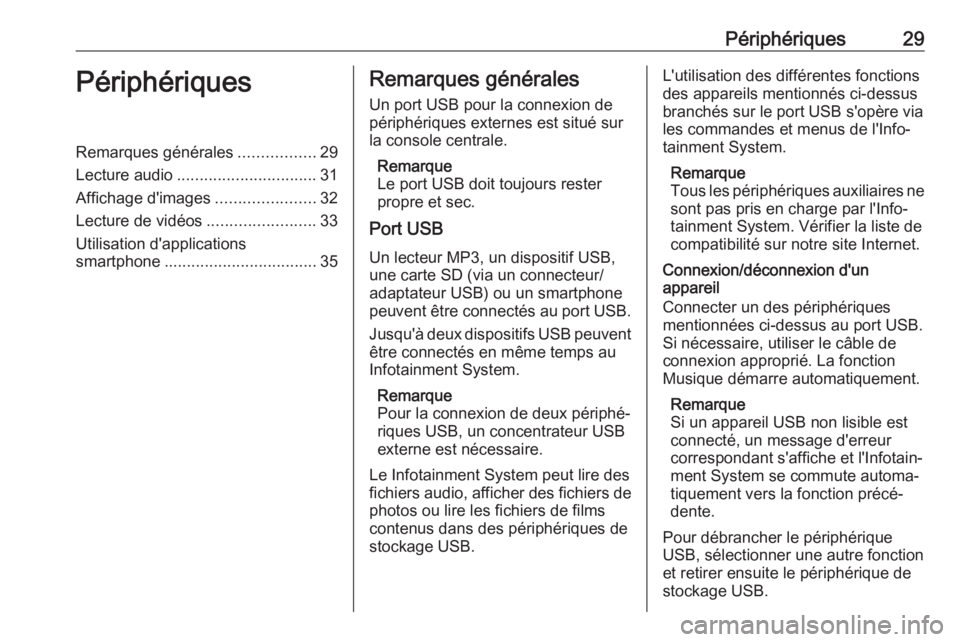 OPEL CORSA E 2017.5 Manuel multimédia (in French) Périphériques29PériphériquesRemarques générales.................29
Lecture audio ............................... 31
Affichage d'images ......................32
Lecture de vidéos ........... OPEL CORSA E 2017.5 Manuel multimédia (in French) Périphériques29PériphériquesRemarques générales.................29
Lecture audio ............................... 31
Affichage d'images ......................32
Lecture de vidéos ...........