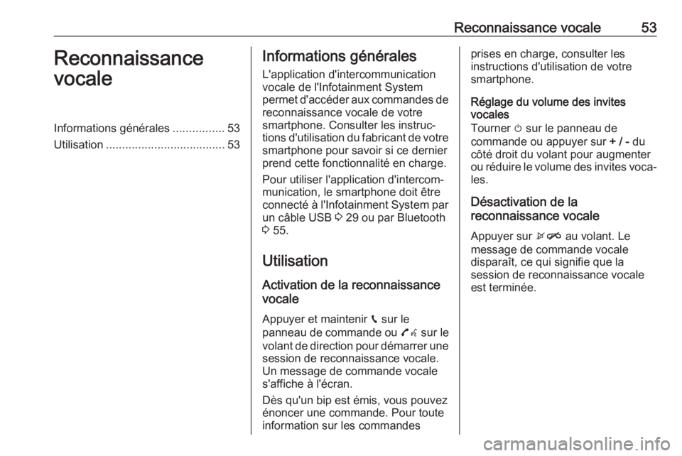 OPEL CORSA E 2017.5  Manuel multimédia (in French) Reconnaissance vocale53Reconnaissance
vocaleInformations générales ................53
Utilisation ..................................... 53Informations générales
L'application d'intercommun