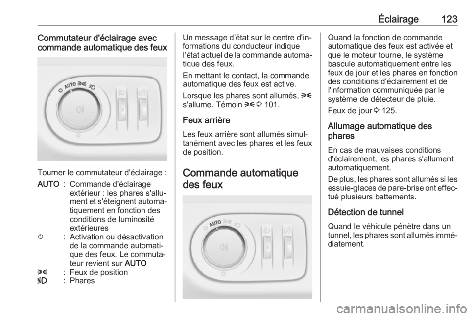 OPEL CORSA E 2017.5  Manuel dutilisation (in French) Éclairage123Commutateur d'éclairage avec
commande automatique des feux
Tourner le commutateur d'éclairage :
AUTO:Commande d'éclairage
extérieur : les phares s'allu‐
ment et s