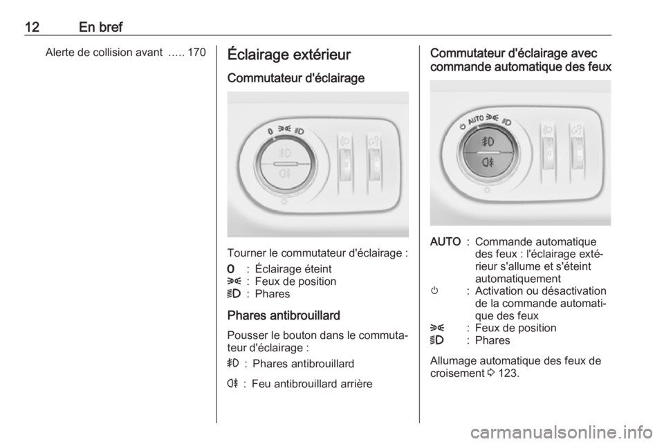 OPEL CORSA E 2017.5  Manuel dutilisation (in French) 12En brefAlerte de collision avant .....170Éclairage extérieur
Commutateur d'éclairage
Tourner le commutateur d'éclairage :
7:Éclairage éteint8:Feux de position9:Phares
Phares antibrouil