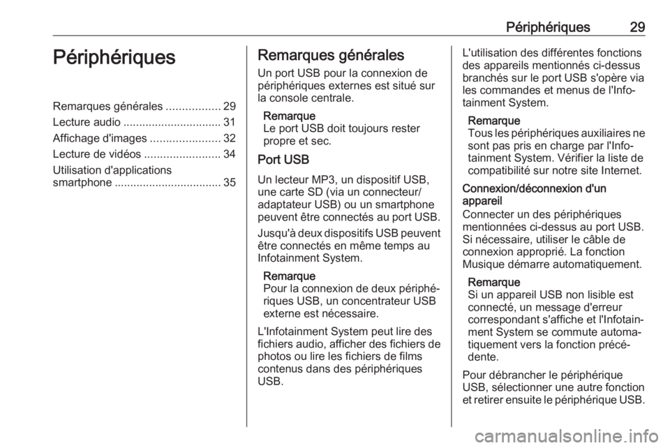 OPEL CORSA E 2018 Manuel multimédia (in French) Périphériques29PériphériquesRemarques générales.................29
Lecture audio ............................... 31
Affichage d'images ......................32
Lecture de vidéos ........... OPEL CORSA E 2018 Manuel multimédia (in French) Périphériques29PériphériquesRemarques générales.................29
Lecture audio ............................... 31
Affichage d'images ......................32
Lecture de vidéos ...........