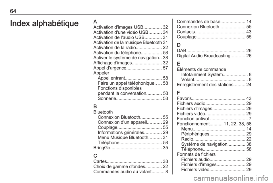 OPEL CORSA E 2018 Manuel multimédia (in French) 64Index alphabétiqueAActivation d'images USB ..............32
Activation d'une vidéo USB ..........34
Activation de l'audio USB .............31
Activation de la musique Bluetooth 31
Acti OPEL CORSA E 2018 Manuel multimédia (in French) 64Index alphabétiqueAActivation d'images USB ..............32
Activation d'une vidéo USB ..........34
Activation de l'audio USB .............31
Activation de la musique Bluetooth 31
Acti