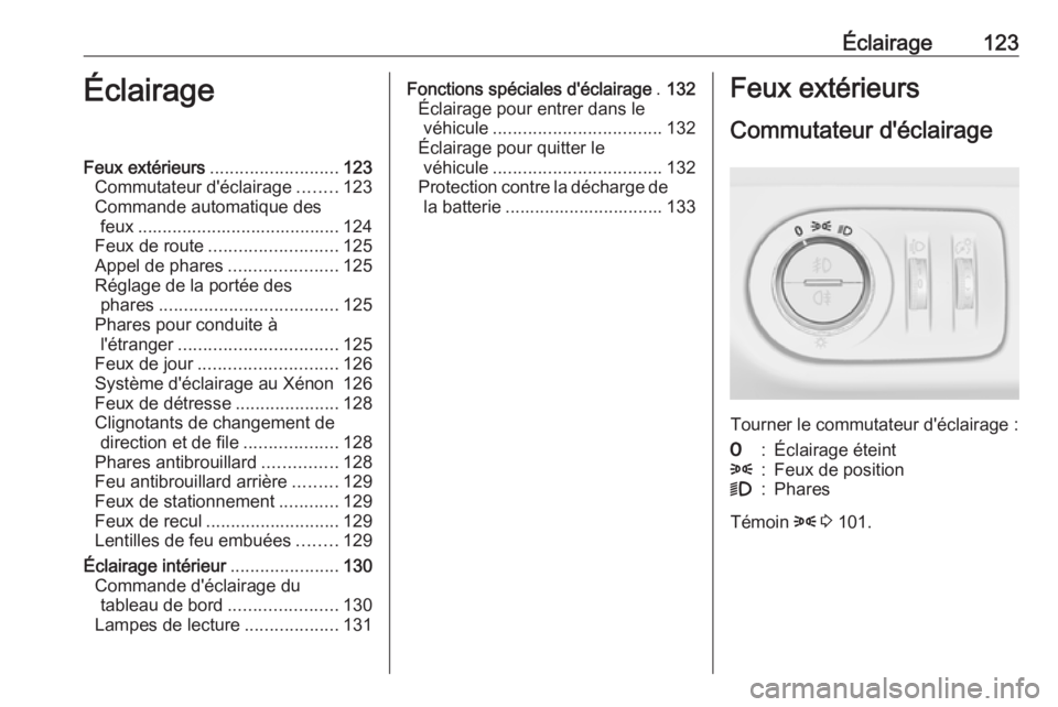 OPEL CORSA E 2018 Manuel dutilisation (in French) Éclairage123ÉclairageFeux extérieurs.......................... 123
Commutateur d'éclairage ........123
Commande automatique des feux ......................................... 124
Feux de route OPEL CORSA E 2018 Manuel dutilisation (in French) Éclairage123ÉclairageFeux extérieurs.......................... 123
Commutateur d'éclairage ........123
Commande automatique des feux ......................................... 124
Feux de route