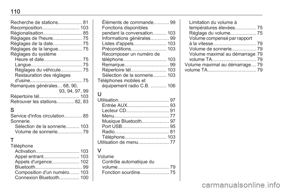 OPEL CORSA E 2018.5  Manuel multimédia (in French) 110Recherche de stations..................81
Recomposition ............................ 103
Régionalisation ............................. 85
Réglages de l'heure...................... 75
Réglage