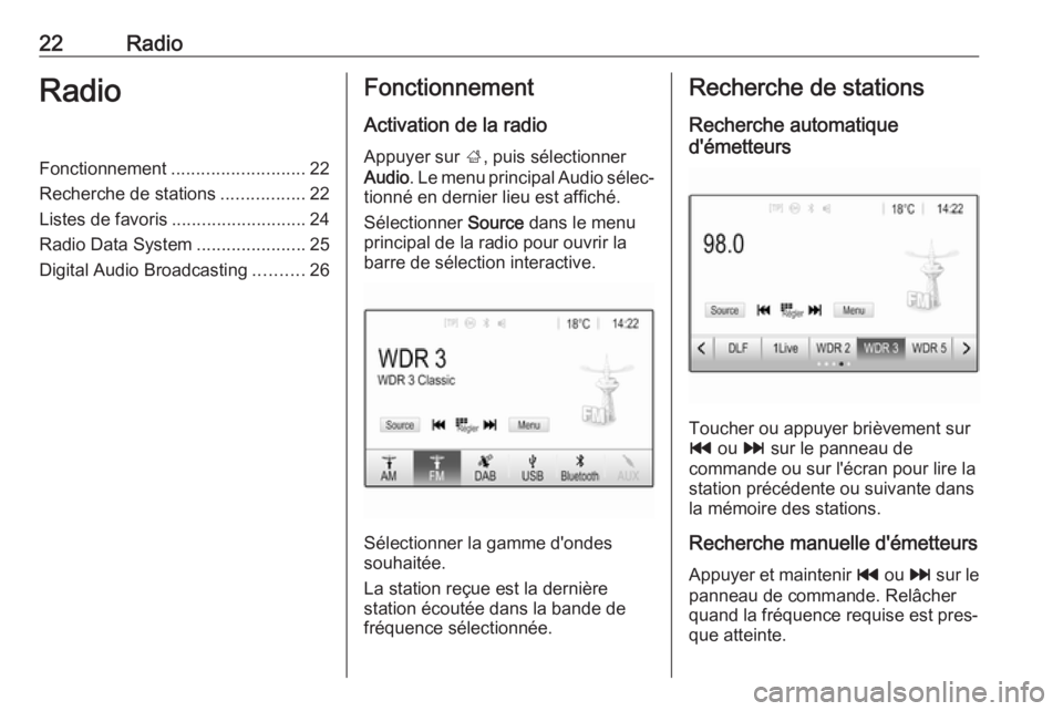 OPEL CORSA E 2018.5  Manuel multimédia (in French) 22RadioRadioFonctionnement........................... 22
Recherche de stations .................22
Listes de favoris ........................... 24
Radio Data System ......................25
Digital A