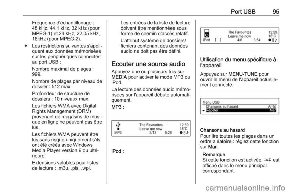 OPEL CORSA E 2018.5  Manuel multimédia (in French) Port USB95Fréquence d'échantillonage :
48 kHz, 44,1 kHz, 32 kHz (pour
MPEG-1) et 24 kHz, 22,05 kHz,
16kHz (pour MPEG-2).
● Les restrictions suivantes s'appli‐
quent aux données mémoris