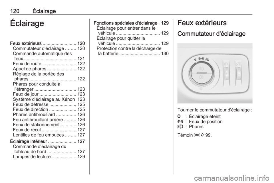OPEL CORSA E 2018.5 Manuel dutilisation (in French) 120ÉclairageÉclairageFeux extérieurs.......................... 120
Commutateur d'éclairage ........120
Commande automatique des feux ......................................... 121
Feux de route OPEL CORSA E 2018.5 Manuel dutilisation (in French) 120ÉclairageÉclairageFeux extérieurs.......................... 120
Commutateur d'éclairage ........120
Commande automatique des feux ......................................... 121
Feux de route