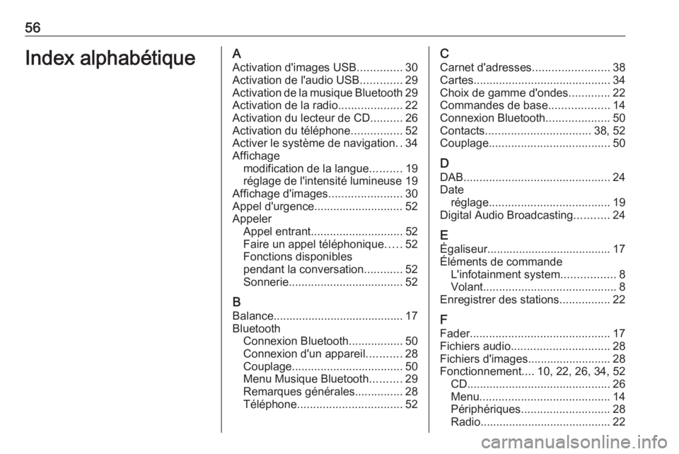 OPEL CROSSLAND X 2017.75  Manuel multimédia (in French) 56Index alphabétiqueAActivation d'images USB ..............30
Activation de l'audio USB .............29
Activation de la musique Bluetooth 29
Activation de la radio ....................22
Act