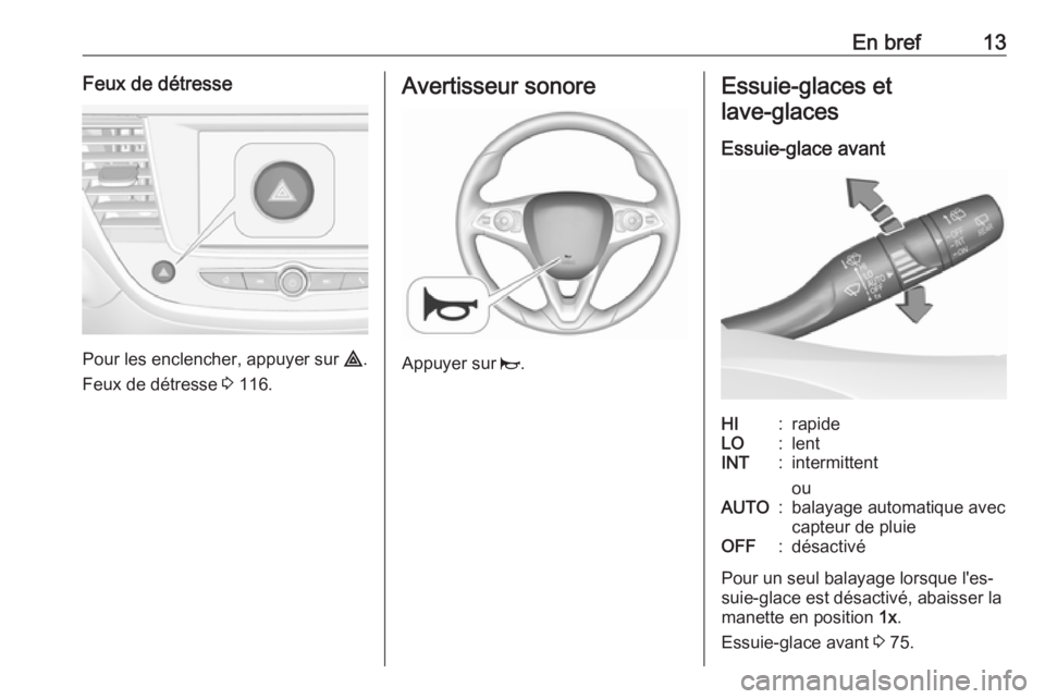 OPEL CROSSLAND X 2017.75 Manuel dutilisation (in French) En bref13Feux de détresse
Pour les enclencher, appuyer sur ¨.
Feux de détresse 3 116.
Avertisseur sonore
Appuyer sur j.
Essuie-glaces et
lave-glaces
Essuie-glace avantHI:rapideLO:lentINT:intermi OPEL CROSSLAND X 2017.75 Manuel dutilisation (in French) En bref13Feux de détresse
Pour les enclencher, appuyer sur ¨.
Feux de détresse 3 116.
Avertisseur sonore
Appuyer sur j.
Essuie-glaces et
lave-glaces
Essuie-glace avantHI:rapideLO:lentINT:intermi