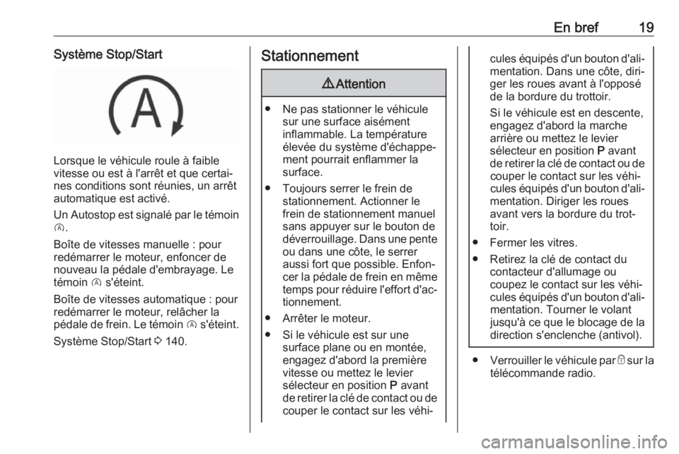 OPEL CROSSLAND X 2017.75  Manuel dutilisation (in French) En bref19Système Stop/Start
Lorsque le véhicule roule à faible
vitesse ou est à l'arrêt et que certai‐
nes conditions sont réunies, un arrêt
automatique est activé.
Un Autostop est signa