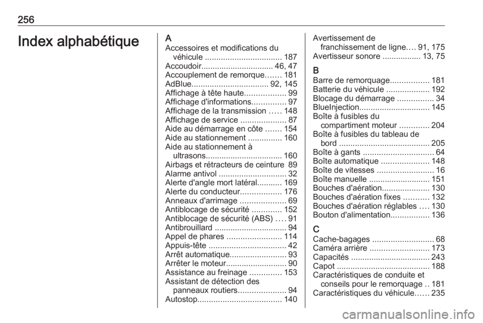 OPEL CROSSLAND X 2017.75 Manuel dutilisation (in French) 256Index alphabétiqueAAccessoires et modifications du véhicule .................................. 187
Accoudoir................................ 46, 47
Accouplement de remorque .......181
AdBlue ... OPEL CROSSLAND X 2017.75 Manuel dutilisation (in French) 256Index alphabétiqueAAccessoires et modifications du véhicule .................................. 187
Accoudoir................................ 46, 47
Accouplement de remorque .......181
AdBlue ...