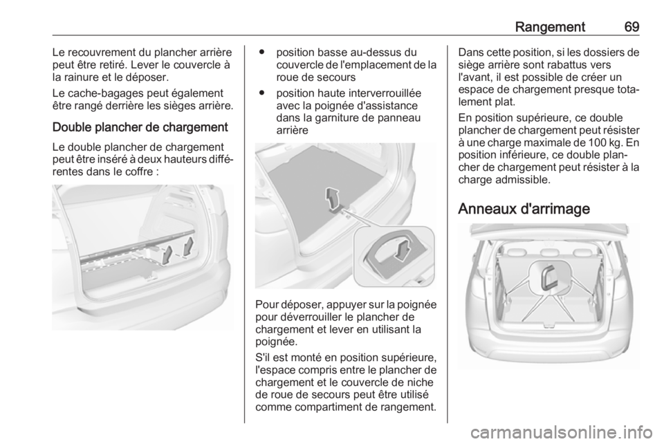 OPEL CROSSLAND X 2017.75  Manuel dutilisation (in French) Rangement69Le recouvrement du plancher arrière
peut être retiré. Lever le couvercle à la rainure et le déposer.
Le cache-bagages peut également
être rangé derrière les sièges arrière.
Doubl