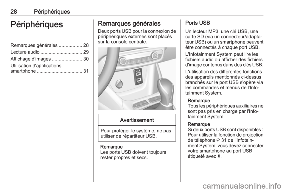 OPEL CROSSLAND X 2018  Manuel multimédia (in French) 28PériphériquesPériphériquesRemarques générales.................28
Lecture audio ............................... 29
Affichage d'images ......................30
Utilisation d'applications
