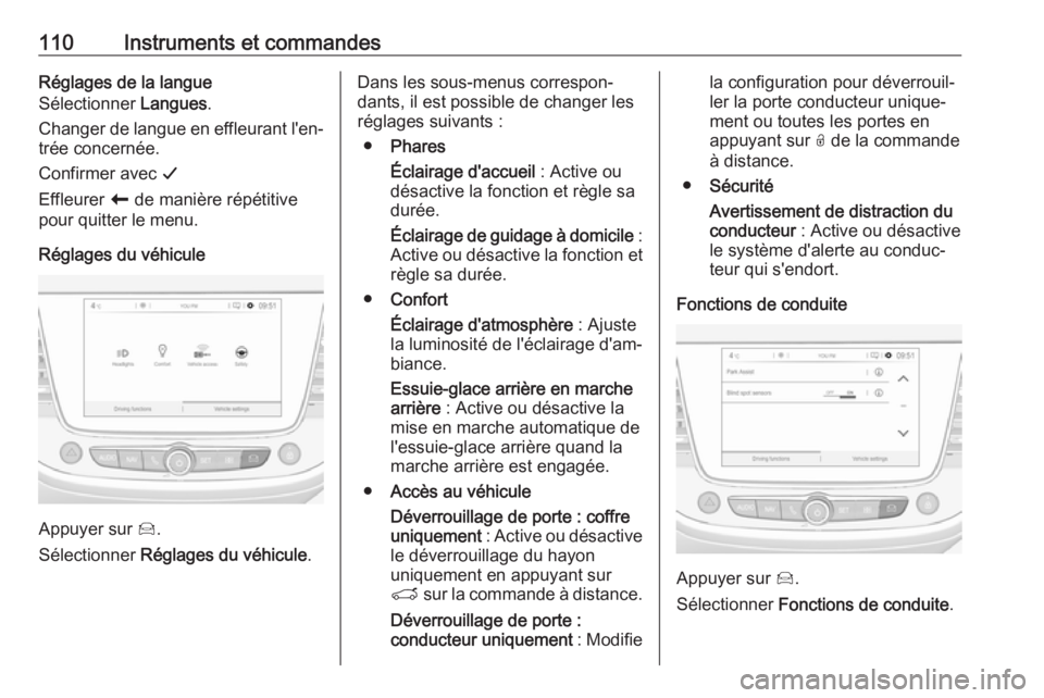 OPEL CROSSLAND X 2018 Manuel dutilisation (in French) 110Instruments et commandesRéglages de la langue
Sélectionner Langues.
Changer de langue en effleurant l'en‐ trée concernée.
Confirmer avec G
Effleurer r de manière répétitive
pour qui OPEL CROSSLAND X 2018 Manuel dutilisation (in French) 110Instruments et commandesRéglages de la langue
Sélectionner Langues.
Changer de langue en effleurant l'en‐ trée concernée.
Confirmer avec G
Effleurer r de manière répétitive
pour qui
