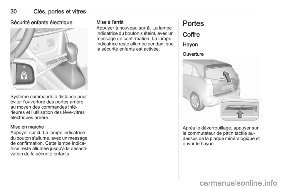 OPEL CROSSLAND X 2018 Manuel dutilisation (in French) 30Clés, portes et vitresSécurité enfants électrique
Système commandé à distance pour
éviter l'ouverture des portes arrière au moyen des commandes inté‐
rieures et l'utilisation des OPEL CROSSLAND X 2018 Manuel dutilisation (in French) 30Clés, portes et vitresSécurité enfants électrique
Système commandé à distance pour
éviter l'ouverture des portes arrière au moyen des commandes inté‐
rieures et l'utilisation des