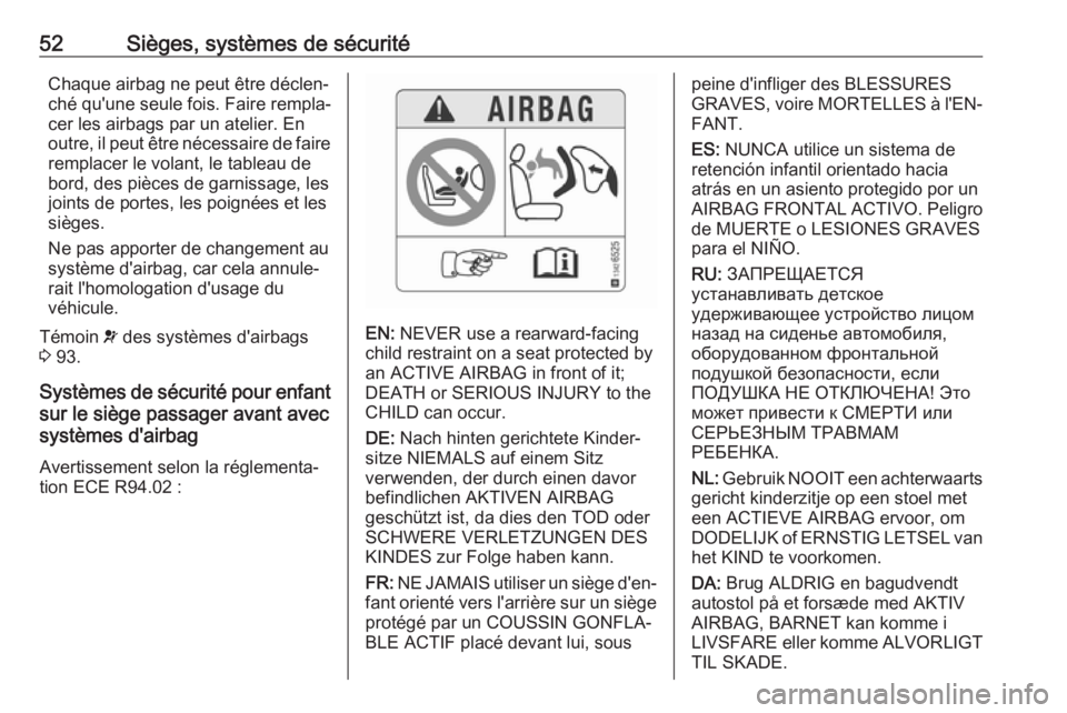 OPEL CROSSLAND X 2018  Manuel dutilisation (in French) 52Sièges, systèmes de sécuritéChaque airbag ne peut être déclen‐
ché qu'une seule fois. Faire rempla‐
cer les airbags par un atelier. En
outre, il peut être nécessaire de faire rempla
