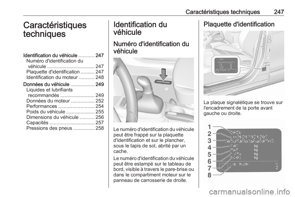 OPEL CROSSLAND X 2018.5  Manuel dutilisation (in French) Caractéristiques techniques247Caractéristiques
techniquesIdentification du véhicule ...........247
Numéro d'identification du véhicule .................................. 247
Plaquette d'i
