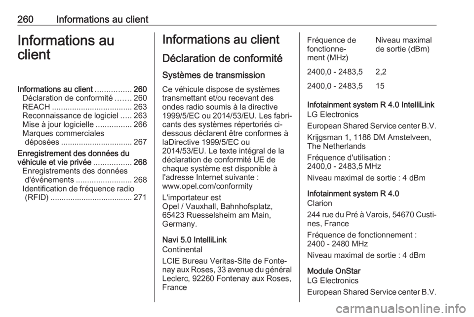 OPEL CROSSLAND X 2018.5 Manuel dutilisation (in French) 260Informations au clientInformations au
clientInformations au client ................260
Déclaration de conformité .......260
REACH .................................... 263
Reconnaissance de logici OPEL CROSSLAND X 2018.5 Manuel dutilisation (in French) 260Informations au clientInformations au
clientInformations au client ................260
Déclaration de conformité .......260
REACH .................................... 263
Reconnaissance de logici