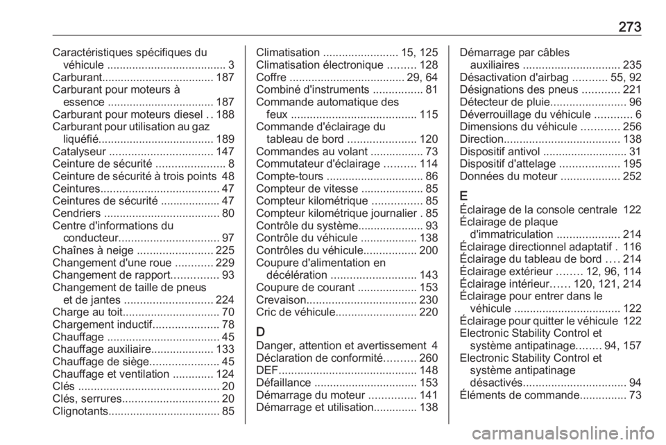 OPEL CROSSLAND X 2018.5  Manuel dutilisation (in French) 273Caractéristiques spécifiques duvéhicule  ...................................... 3
Carburant.................................... 187
Carburant pour moteurs à essence  ...........................