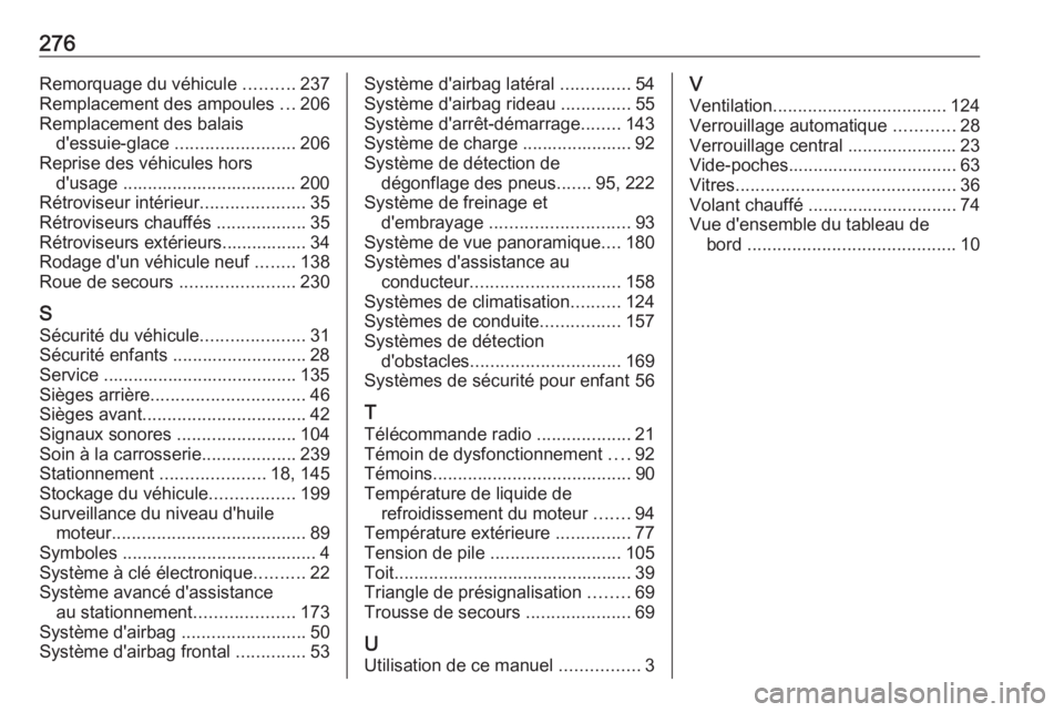 OPEL CROSSLAND X 2018.5  Manuel dutilisation (in French) 276Remorquage du véhicule ..........237
Remplacement des ampoules  ...206
Remplacement des balais d'essuie-glace  ........................ 206
Reprise des véhicules hors d'usage ............