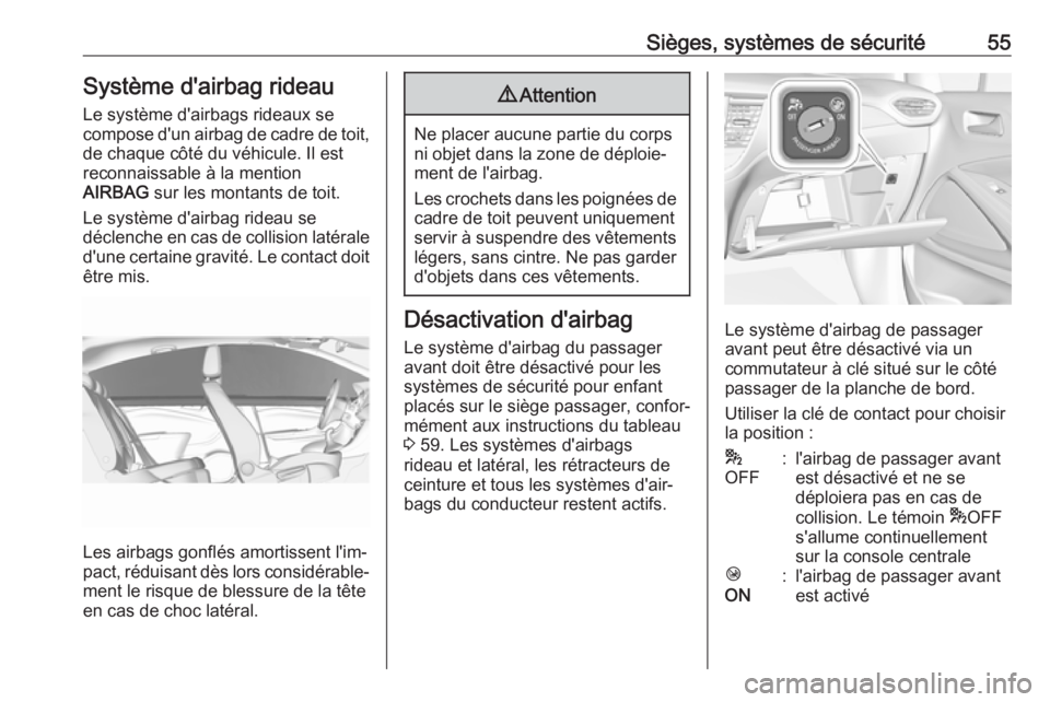 OPEL CROSSLAND X 2018.5  Manuel dutilisation (in French) Sièges, systèmes de sécurité55Système d'airbag rideau
Le système d'airbags rideaux se
compose d'un airbag de cadre de toit, de chaque côté du véhicule. Il est
reconnaissable à la
