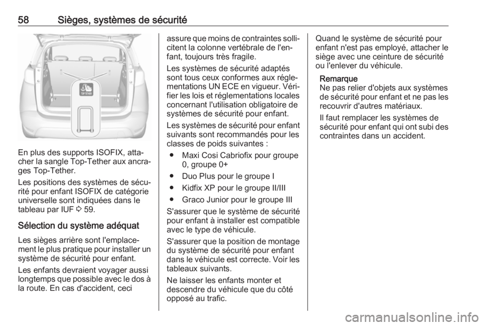 OPEL CROSSLAND X 2018.5  Manuel dutilisation (in French) 58Sièges, systèmes de sécurité
En plus des supports ISOFIX, atta‐
cher la sangle  Top-Tether aux ancra‐
ges Top-Tether.
Les positions des systèmes de sécu‐
rité pour enfant ISOFIX de cat�