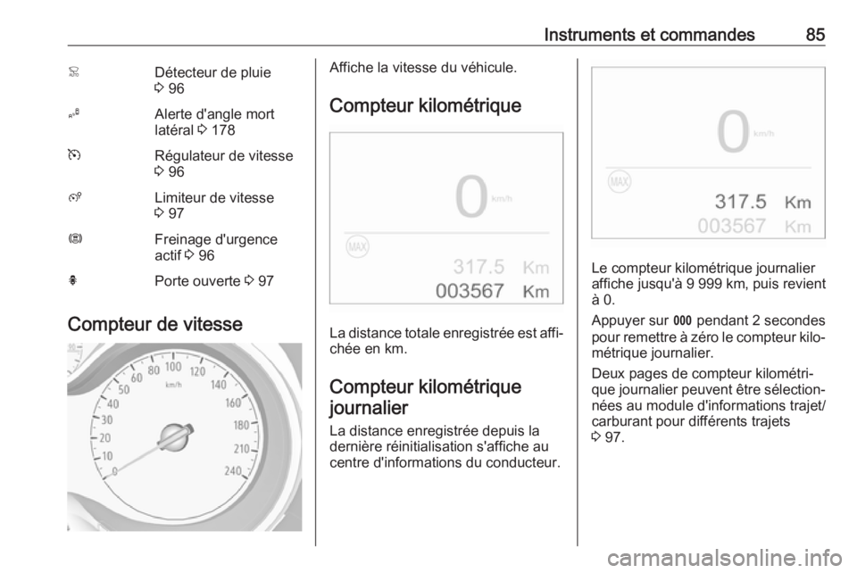 OPEL CROSSLAND X 2018.5  Manuel dutilisation (in French) Instruments et commandes85<Détecteur de pluie
3  96BAlerte d'angle mort
latéral  3 178mRégulateur de vitesse
3  96ßLimiteur de vitesse
3  97ØFreinage d'urgence
actif  3 96hPorte ouverte  