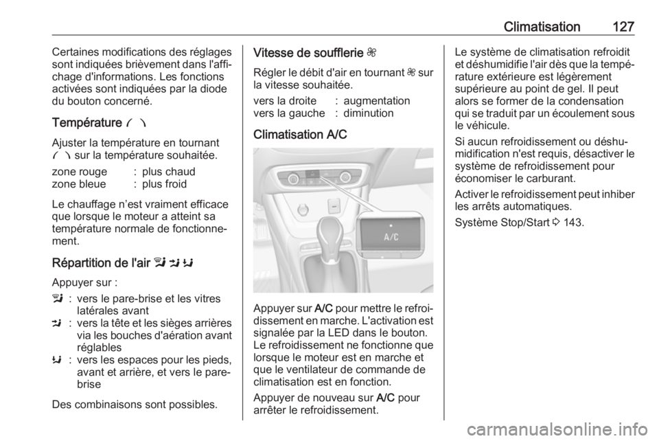 OPEL CROSSLAND X 2019  Manuel dutilisation (in French) Climatisation127Certaines modifications des réglages
sont indiquées brièvement dans l'affi‐
chage d'informations. Les fonctions
activées sont indiquées par la diode
du bouton concerné.