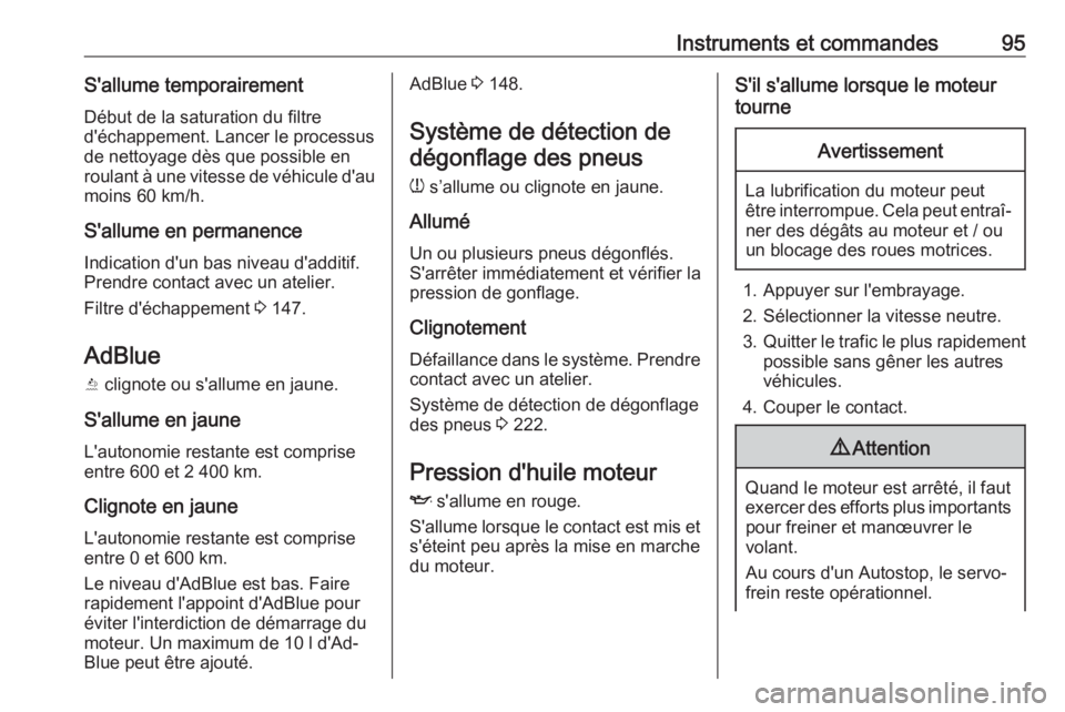 OPEL CROSSLAND X 2019  Manuel dutilisation (in French) Instruments et commandes95S'allume temporairementDébut de la saturation du filtre
d'échappement. Lancer le processus
de nettoyage dès que possible en
roulant à une vitesse de véhicule d&#