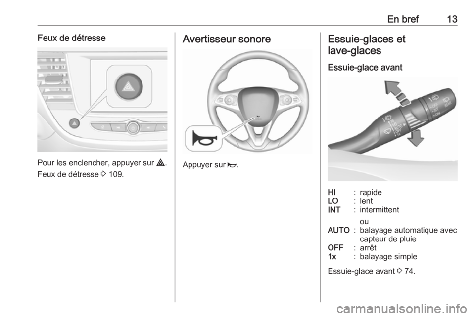 OPEL CROSSLAND X 2019.75  Manuel dutilisation (in French) En bref13Feux de détresse
Pour les enclencher, appuyer sur ¨.
Feux de détresse  3 109.
Avertisseur sonore
Appuyer sur  j.
Essuie-glaces et
lave-glaces 
Essuie-glace avantHI:rapideLO:lentINT:intermi