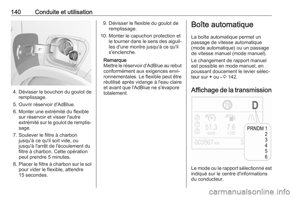 OPEL CROSSLAND X 2019.75  Manuel dutilisation (in French) 140Conduite et utilisation
4.Dévisser le bouchon du goulot de
remplissage.
5. Ouvrir réservoir d'AdBlue. 6. Monter une extrémité du flexible sur réservoir et visser l'autre
extrémité su