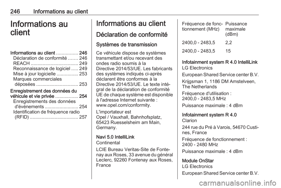 OPEL CROSSLAND X 2019.75  Manuel dutilisation (in French) 246Informations au clientInformations au
clientInformations au client ................246
Déclaration de conformité .......246
REACH .................................... 249
Reconnaissance de logici