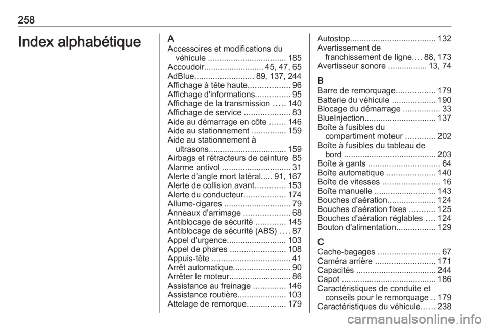 OPEL CROSSLAND X 2019.75 Manuel dutilisation (in French) 258Index alphabétiqueAAccessoires et modifications du véhicule .................................. 185
Accoudoir.......................... 45, 47, 65
AdBlue .......................... 89, 137, 244
A OPEL CROSSLAND X 2019.75 Manuel dutilisation (in French) 258Index alphabétiqueAAccessoires et modifications du véhicule .................................. 185
Accoudoir.......................... 45, 47, 65
AdBlue .......................... 89, 137, 244
A