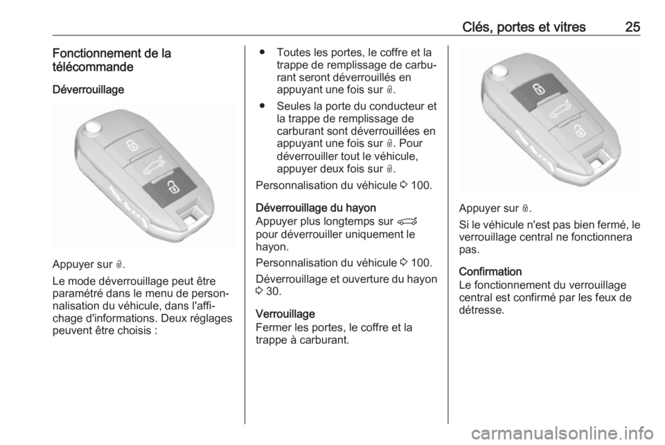 OPEL CROSSLAND X 2019.75  Manuel dutilisation (in French) Clés, portes et vitres25Fonctionnement de la
télécommande
Déverrouillage
Appuyer sur  O.
Le mode déverrouillage peut être
paramétré dans le menu de person‐
nalisation du véhicule, dans l