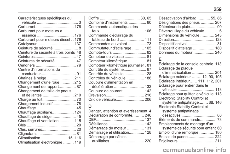 OPEL CROSSLAND X 2019.75 Manuel dutilisation (in French) 259Caractéristiques spécifiques duvéhicule ...................................... 3
Carburant.................................... 176
Carburant pour moteurs à essence ........................... OPEL CROSSLAND X 2019.75 Manuel dutilisation (in French) 259Caractéristiques spécifiques duvéhicule ...................................... 3
Carburant.................................... 176
Carburant pour moteurs à essence ...........................