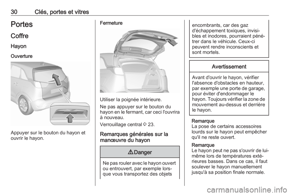 OPEL CROSSLAND X 2019.75  Manuel dutilisation (in French) 30Clés, portes et vitresPortes
Coffre HayonOuverture
Appuyer sur le bouton du hayon et
ouvrir le hayon.
Fermeture
Utiliser la poignée intérieure.
Ne pas appuyer sur le bouton du hayon en le fermant