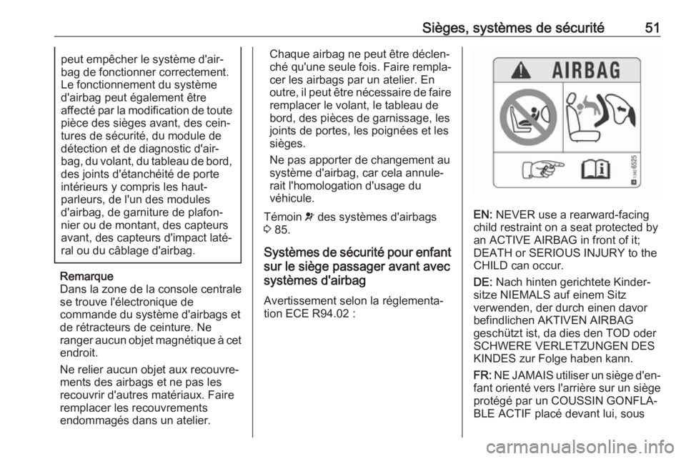 OPEL CROSSLAND X 2019.75  Manuel dutilisation (in French) Sièges, systèmes de sécurité51peut empêcher le système d'air‐
bag de fonctionner correctement.
Le fonctionnement du système
d'airbag peut également être
affecté par la modification