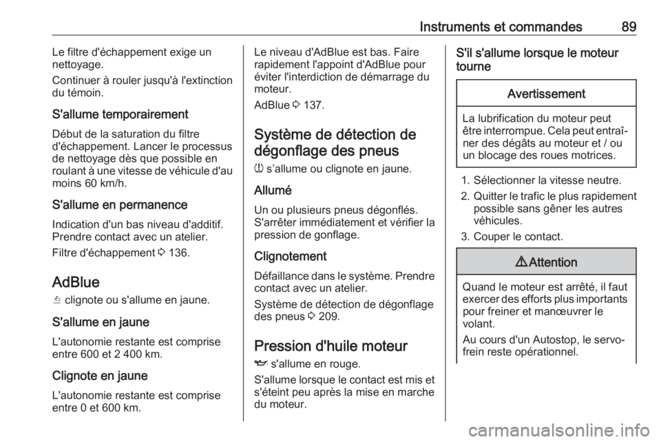 OPEL CROSSLAND X 2019.75  Manuel dutilisation (in French) Instruments et commandes89Le filtre d'échappement exige un
nettoyage.
Continuer à rouler jusqu'à l'extinction
du témoin.
S'allume temporairement Début de la saturation du filtre
d