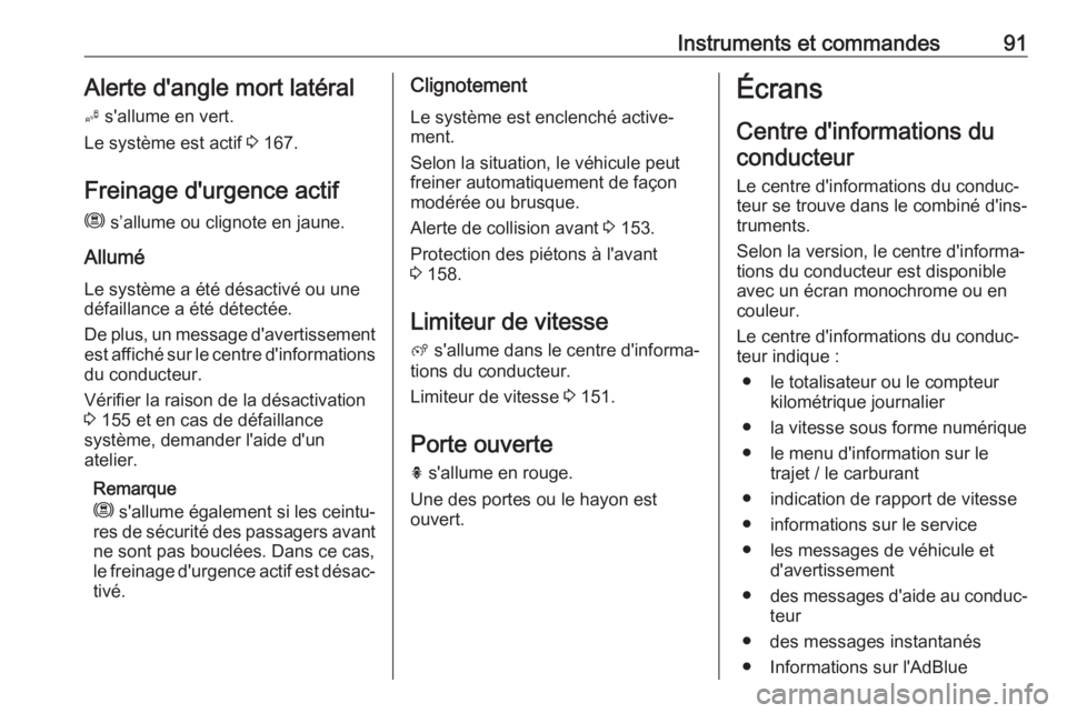 OPEL CROSSLAND X 2019.75  Manuel dutilisation (in French) Instruments et commandes91Alerte d'angle mort latéralB  s'allume en vert.
Le système est actif  3 167.
Freinage d'urgence actif
m  s’allume ou clignote en jaune.
Allumé
Le système a 