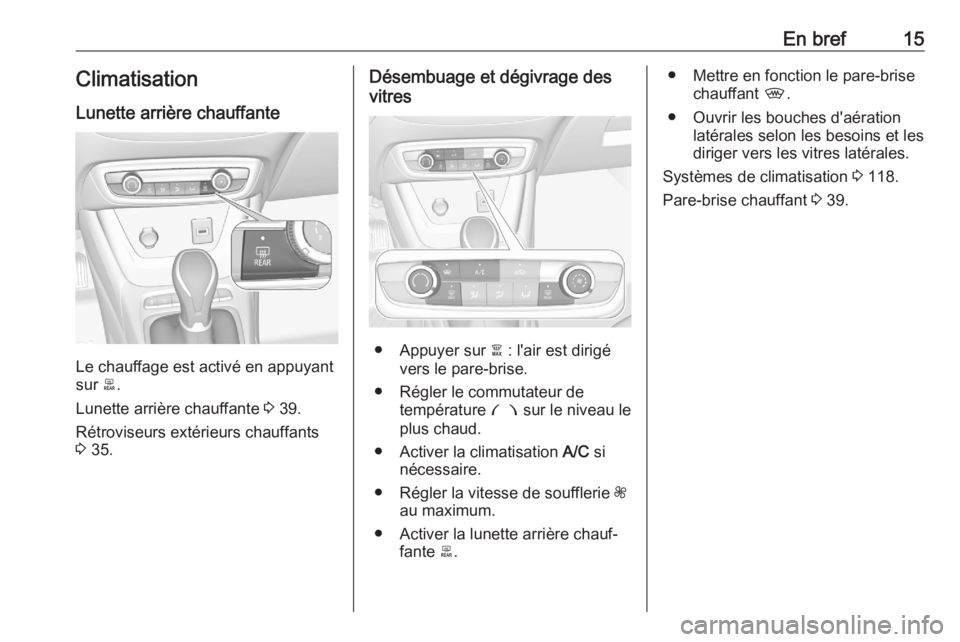 OPEL CROSSLAND X 2020  Manuel dutilisation (in French) En bref15Climatisation
Lunette arrière chauffante
Le chauffage est activé en appuyant
sur  b.
Lunette arrière chauffante  3 39.
Rétroviseurs extérieurs chauffants
3  35.
Désembuage et dégivrage