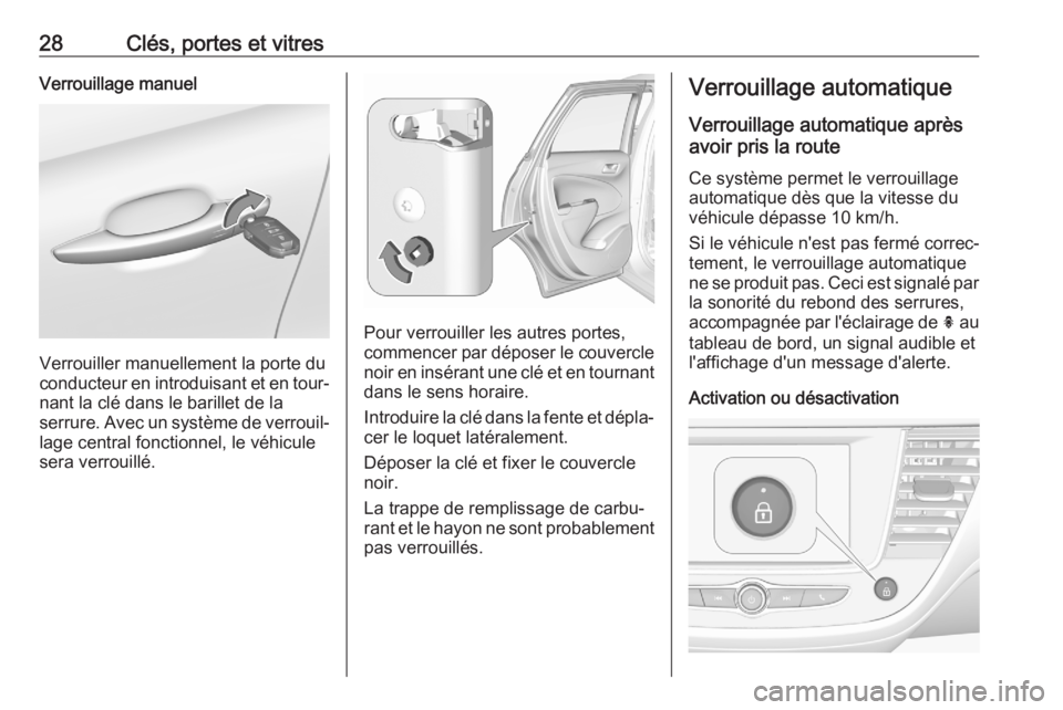 OPEL CROSSLAND X 2020  Manuel dutilisation (in French) 28Clés, portes et vitresVerrouillage manuel
Verrouiller manuellement la porte du
conducteur en introduisant et en tour‐ nant la clé dans le barillet de la
serrure. Avec un système de verrouil‐
