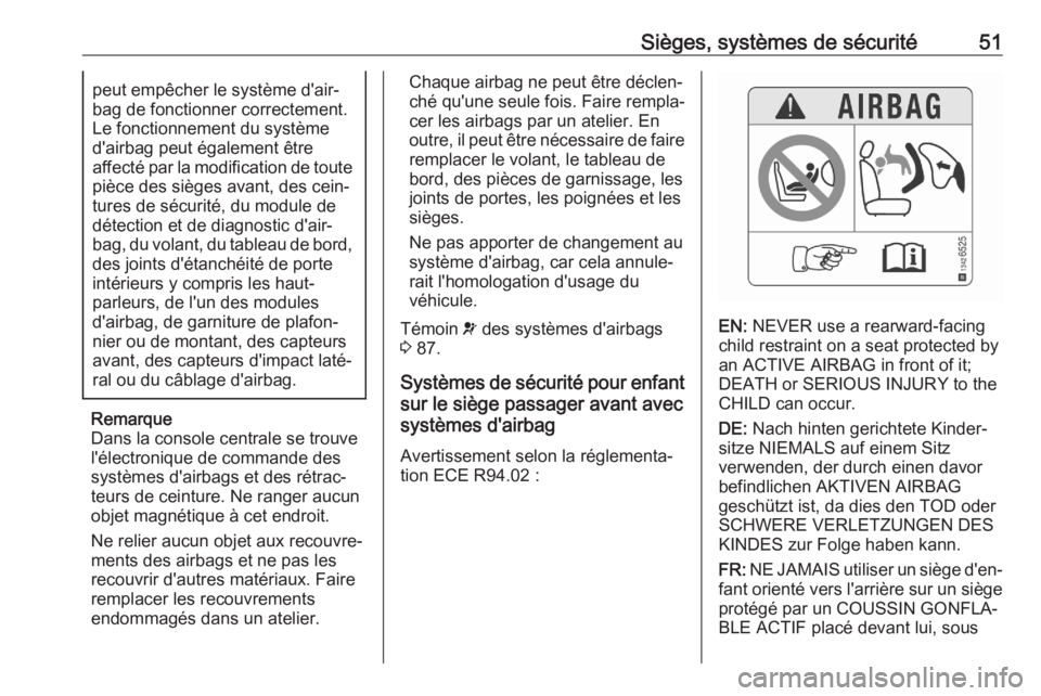 OPEL CROSSLAND X 2020  Manuel dutilisation (in French) Sièges, systèmes de sécurité51peut empêcher le système d'air‐
bag de fonctionner correctement.
Le fonctionnement du système
d'airbag peut également être
affecté par la modification