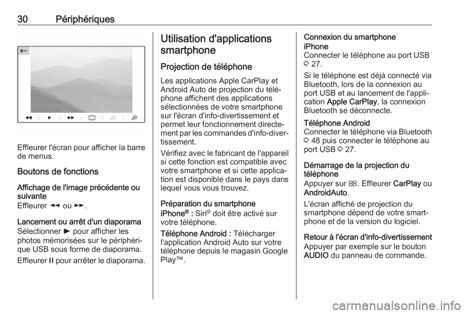 OPEL GRANDLAND X 2018  Manuel multimédia (in French) 30Périphériques
Effleurer l'écran pour afficher la barrede menus.
Boutons de fonctions
Affichage de l'image précédente ou suivante
Effleurer  l ou  m.
Lancement ou arrêt d'un diapora