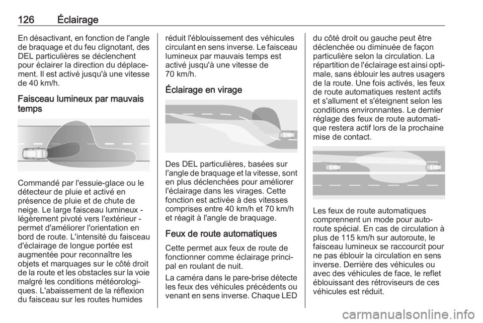 OPEL GRANDLAND X 2018  Manuel dutilisation (in French) 126ÉclairageEn désactivant, en fonction de l'anglede braquage et du feu clignotant, des
DEL particulières se déclenchent
pour éclairer la direction du déplace‐
ment. Il est activé jusqu&#